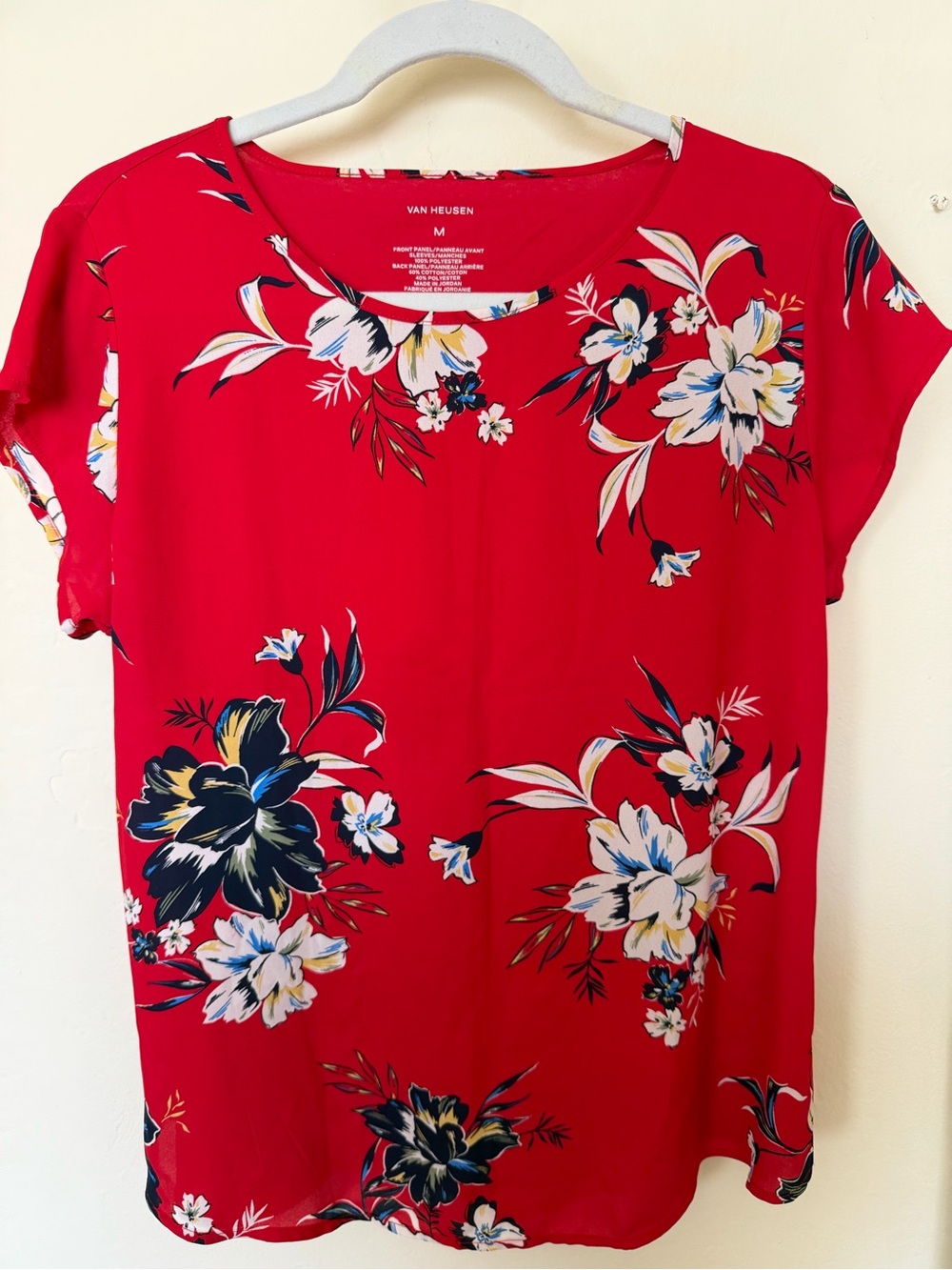 Van Heusen Red Floral Short Sleeve Tee with Navy & Cream Blooms